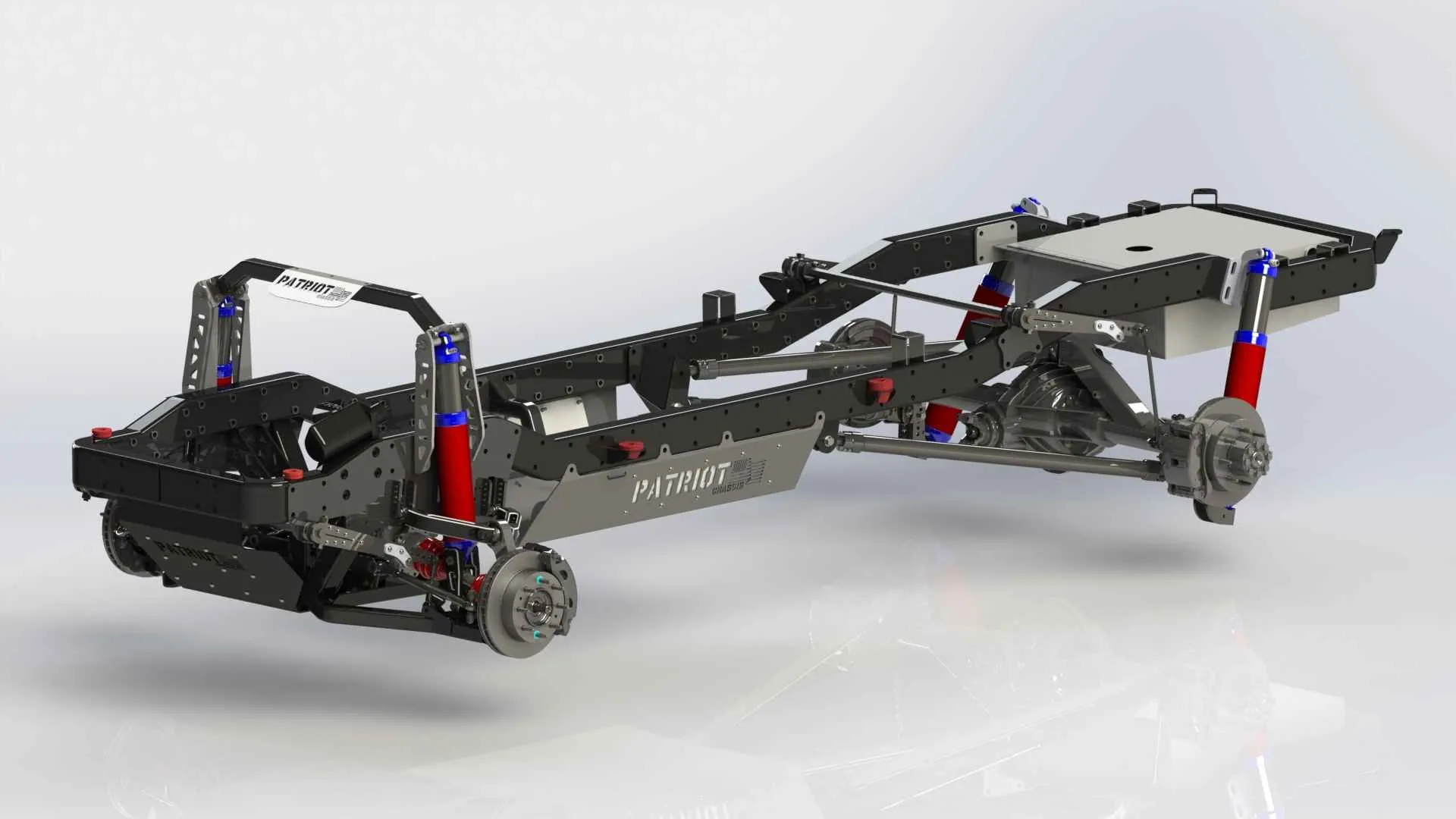 Full Isometric Chassis — Patriot Chassis complete rolling platform showing IFS front suspension, triangulated 4-link rear, and full drivetrain integration